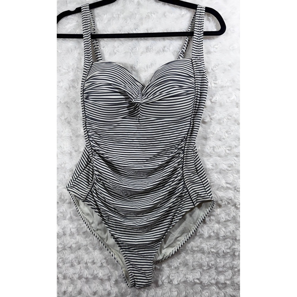 Niptuck Swim Women's Size 10 Navy White Striped Ruched One Piece Swimsuit
